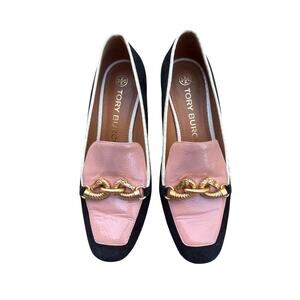 Tory Burch Chain Loafers Size 8.5 Pink Black Leather Block Heel